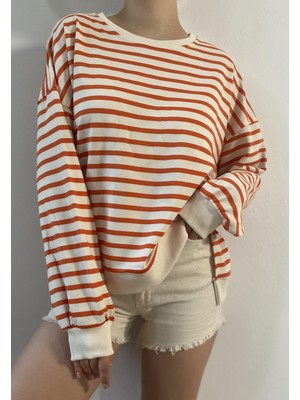 Minaaise Oranj Çizgili Oversize Sweatshirt 26112