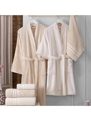 Hobby Sude %60 Bambu %40 Pamuk Aile Bornoz Seti-Krem Bej