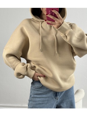 Minaaise Kum Beji Şardonlu Kapşonlu Oversize Basic Sweatshirt 26259