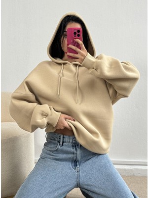 Minaaise Kum Beji Şardonlu Kapşonlu Oversize Basic Sweatshirt 26259