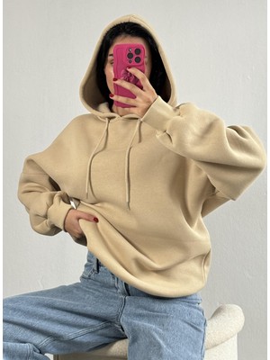 Minaaise Kum Beji Şardonlu Kapşonlu Oversize Basic Sweatshirt 26259