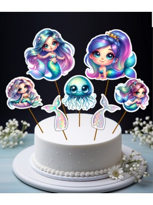 Hiras Dizayn Denizkızı Mermaid Pasta Süsü Büyük Pasta Kürdanı Pasta Cupcake Pasta Doğum Günü Süsleri 7 Parça