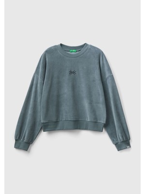 United Colors Of Benetton Kadın Antrasit Logo Baskılı Şönil Sweatshirt