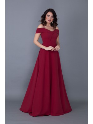 No48 Kayık Yaka Düşük Omuz Detaylı Askılı Maxi Boy Bordo Abiye Elbise
