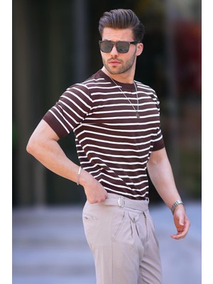 Madmext Kahverengi Bisiklet Yaka Çizgili Kısa Kollu Erkek T-Shirt 6884