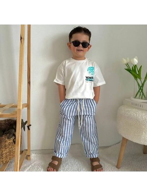 Miss Kids Erkek Çocuk T-Shirt ve Müslin Pantolon Mavi Çizgili alt Üst Takımı