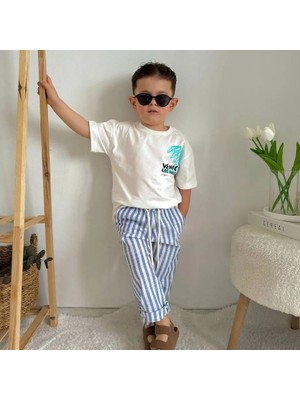 Miss Kids Erkek Çocuk T-Shirt ve Müslin Pantolon Mavi Çizgili alt Üst Takımı