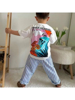 Miss Kids Erkek Çocuk T-Shirt ve Müslin Pantolon Mavi Çizgili alt Üst Takımı