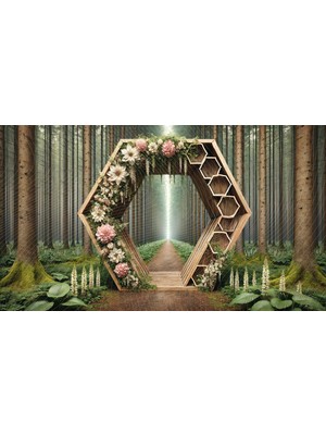 Venspor Doğanın Ihtişamını Yansıtan Çiçekli Ahşap Altıgen Yapı Stüdyo Arkaplanı - Profesyonel Fotoğrafçılık Fonu 200X150CM Arka Plan