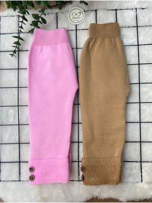 Unisex Içi Havlulu Kalın Kışlık Beli Lastikli Triko Pantolon 2'li Set - Pembe Kahve (BQJROTNE90KFQ)