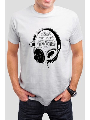 T-35 Kulaklık Baskılı Beyaz Unisex Tişört C732