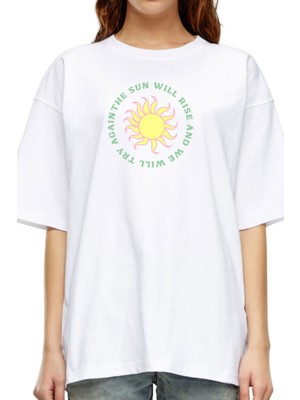 Coredra Sun Oversize T-Shirt Kadın - Beyaz