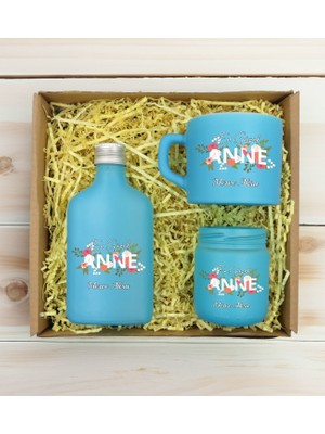 Bk Gift Kişiye Özel Isimli Dtf Anne Temalı Turkuaz Kahve Fincanı & Kolonya & Mum Hediye Seti-1, Anneye Hediye, Anneler Günü Hediyesi