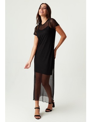 Select Moda Kadın Leopar Desenli Yanları Yırtmaçlı Tül Elbise