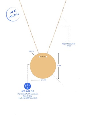 Moom Mücevherat 14 Ayar Altın Kolye Plaka Kolye Isim ve Harf Yazılabilir 2,5 cm Çapında