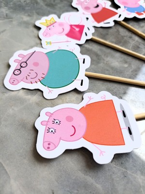 Hiras Dizayn 15 Adet Peppa Pig Ailesi  Cupcake Doğum Günü Süsü Pasta Kürdanı  6-7cm Cupcake Pasta Süsü