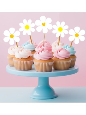 Hiras Dizayn 15 Adet Papatya Konsept Cupcake Doğum Günü Süsü Pasta Kürdanı  6 cm Cupcake Pasta Süsü