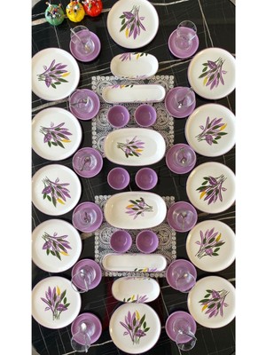 Yiğit Seramik Züccaciye Yiğit Seramik 12 Kişilik 36 Parça Desenli Kahvaltı Takımı Lila Renk Yuvarlak Parçalarla