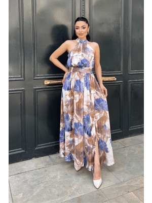 Giyimmasalı Saten Kumas Boyundan Bağlamalı Elbise - Mavi