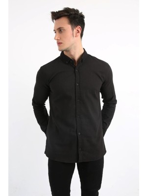 Armür Desenli Likralı Siyah Gömlek