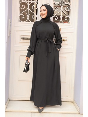 Neva Style Kemerli Siyah Tesettür Elbise 33014S