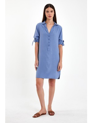 Vena Kadın Marissa Gök Mavisi Önü Düğmeli Kısa Kollu Keten Elbise