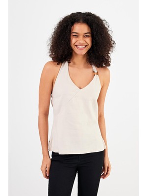 Vena Kadın Angelica Bej Boyundan Askili Kolsuz Keten Bluz