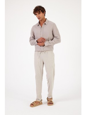 Erkek Alfred Beli Lastikli Gri Çizgili Keten Pantolon