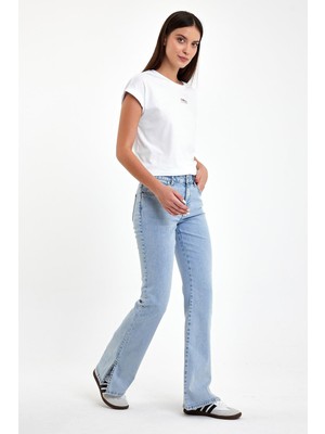 Kadın Emilie Paçası Yırtmaçlı Sky Blue Bootcut Jean Pantolon