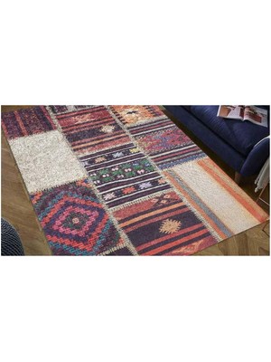 Piksel Halı Bordo Patchwork Dijital Baskı Halı