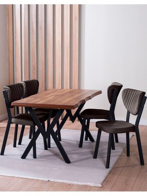 Vianem Kütük Desenli Mdf Elma Mutfak Masa Takımı 4 Sandalyeli Salon Yemek Masa Takımı Kahve