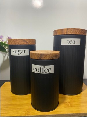 Tekno Trust 3 Elegans 3lü Kavanoz Seti-Çay Kahve Şeker Saklama Kutusu Siyah 2 L + Metal
