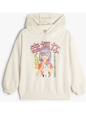 Koton Kapşonlu Oversize Sweatshirt Anime Baskılı Uzun Kollu Şardonlu Pamuklu