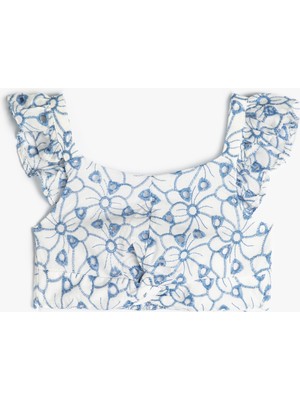 Koton Crop Bluz Askılı Fırfırlı Çiçek Desenli Fisto Detaylı