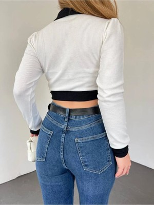 Fav Style Kadın Uzun Kollu Düğmeli Crop Beyaz Siyah Bluz