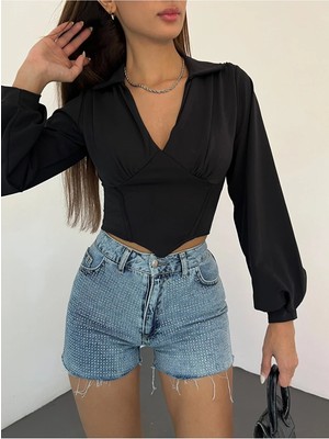 Fav Style Kadın Polo Yaka Dekolteli Beli Korse Detaylı Uzun Kol Bluz