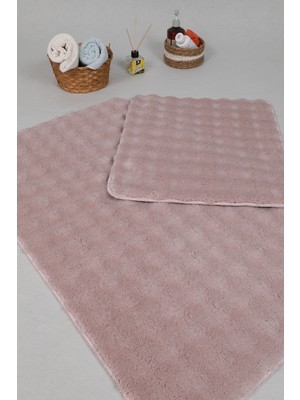 My Evilla Modern Bubble Yıkanabilir Kaymaz Peluş Banyo Paspası Halısı 2'li Klozet Takımı 50X80-50X40CM Pembe