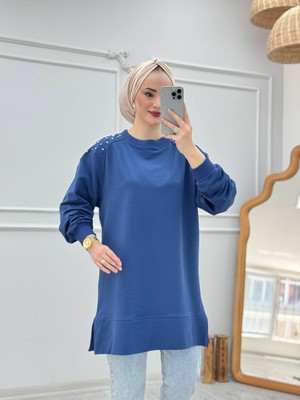 Yk Shopping Mavi Omuzları Boncuk Detaylı Sweetshirt