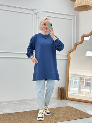 Yk Shopping Mavi Omuzları Boncuk Detaylı Sweetshirt