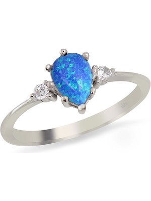 Silveranka 925 Ayar Gümüş Mavi Opal Damla Taş Vintage Yüzük