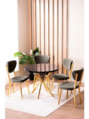 Vianem Elma Yuvarlak Gold Siyah Mermer Mutfak Masa Takımı 4 Sandalyeli Salon Yemek Masa Takımı Açık Kahve