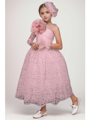 Riccotarz Kız Çocuk Tek Kol Omzu Çiçek Broşlu Boydan Dantel Detaylı Pudra Elbise