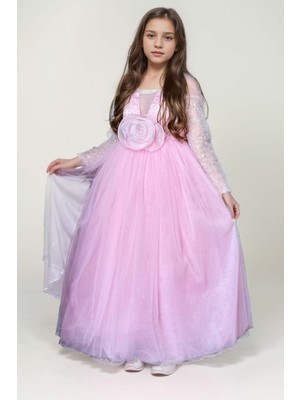 Riccotarz Kız Çocuk Üzeri Pulpayet Işlemeli Kolları Şeffaf Tüllü Toka Detaylı Pembe Abiye