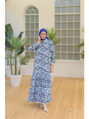 Armine Trend Desenli Elbise Indigo 24YT948