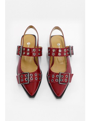 Asos Kırmızı Rugan Hakiki Deri Kemer Aksesuarlı Babet