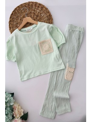 Miniğimin Cicileri Cep Örgü Dantel Detaylı Garson Boy Kız Takım - Su Yeşili