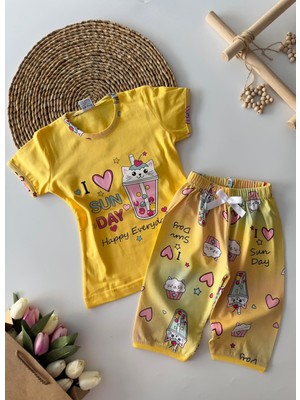 Miniğimin Cicileri I Sun Day Kalp Desenli Kız Çocuk Pijama Takımı Sarı