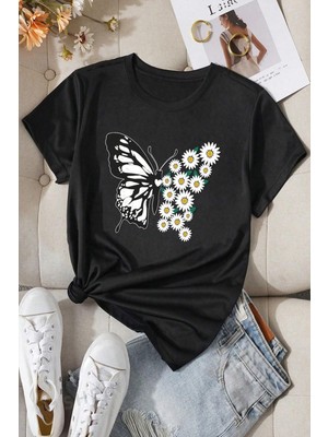 Only Trendwear  Pamuklu Papatya Kelebek Tasarım Tshirt