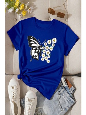 Trendypassion Only Trendwear Mavi Pamuklu Papatya Kelebek Tasarım TShirt Erkek Günlük Tarz