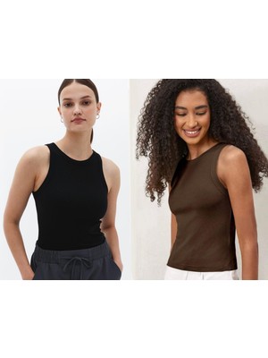 Actiwear Kadın 2'Li Paket Fitilli Halter Yaka Örme Atlet T-Shirt